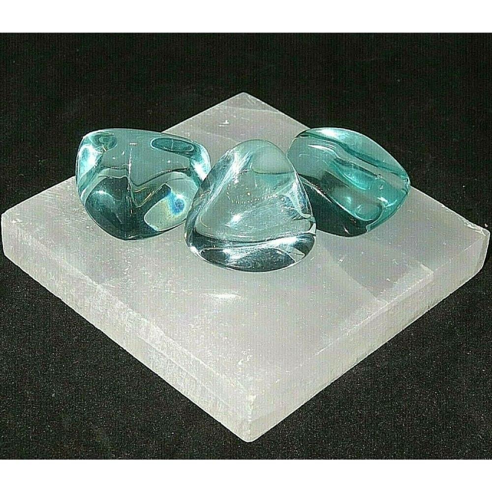 Calming Meditation Kit Selenite Plate 3" plus 3 Medium Blue Aqua Obsidian