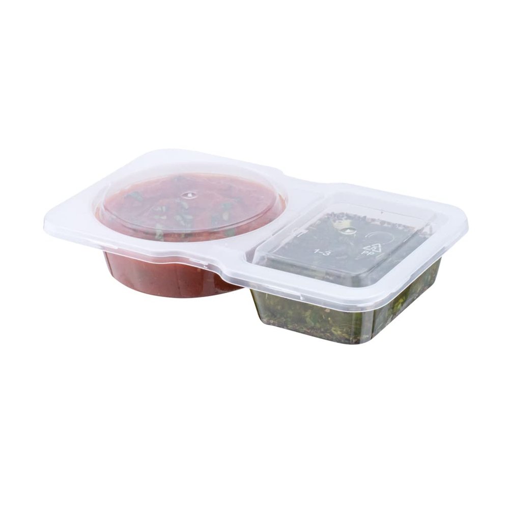 Restaurantware Futura 5 Ounce Snack Containers 500 Microwavable Sauce Containers - 2 Compartments Hinged Lid Clear Plastic Portion Cups For Condiments Or Dips