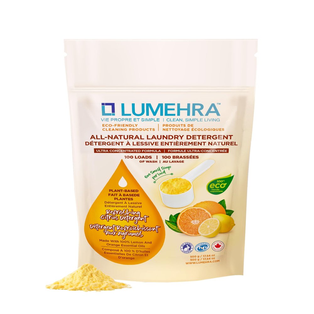 Lumehra Natural Laundry Detergent Non-Toxic Laundry Detergent Powder Made with Refreshing Citrus Gentle on Sensitive Skin 500g 100 Loads Ultra Concentrated Made in Canada