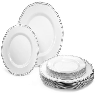 " OCCASIONS " 120 Plates Pack,(60 Guests) Heavyweight Premium Wedding Party Disposable Plastic Plates Set -60 x 10.25'' Dinner + 60 x 7.5'' Salad/Dessert (Rochelle White and Silver))