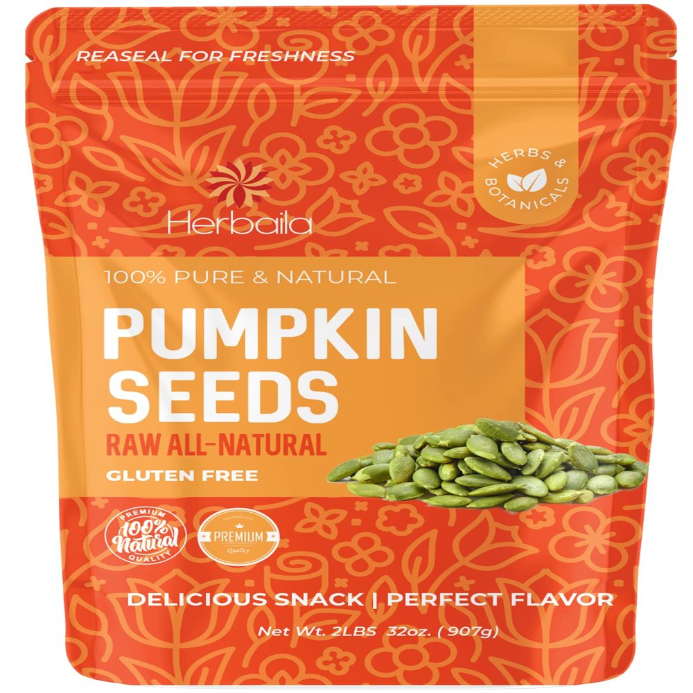Herbaila Pumpkin Seeds Raw Unsalted, 2 lbs. Pepitas Raw Pumpkin Seeds Unsalted, Pumpkin Seed, Shelled Pumpkin Seeds, Unsalted. All Natural, Non-GMO, Shelled Raw Pepitas Pumpkin Seeds 32oz.