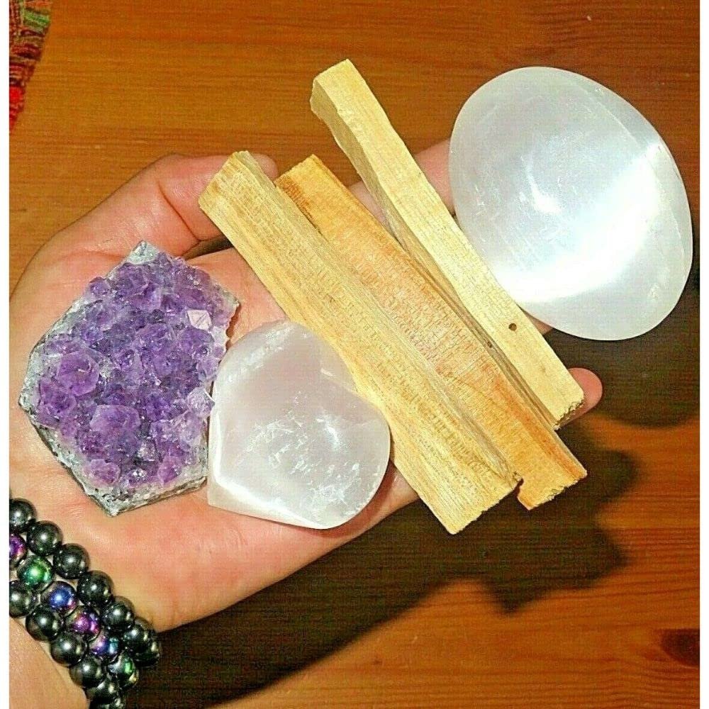1 Set Meditation Kit Selenite Heart and Palm Stone Amethyst Cluster Palo Sant Reiki