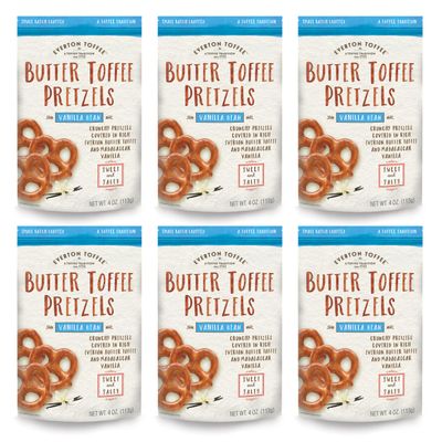 Everton Butter Toffee Pretzels, Vanilla Bean Flavor (4 oz bag, 6-pack) Gourmet Artisan Toffee Covered Pretzels, Sweet & Salty Mini Pretzel Snacks, Small Batch Crafted