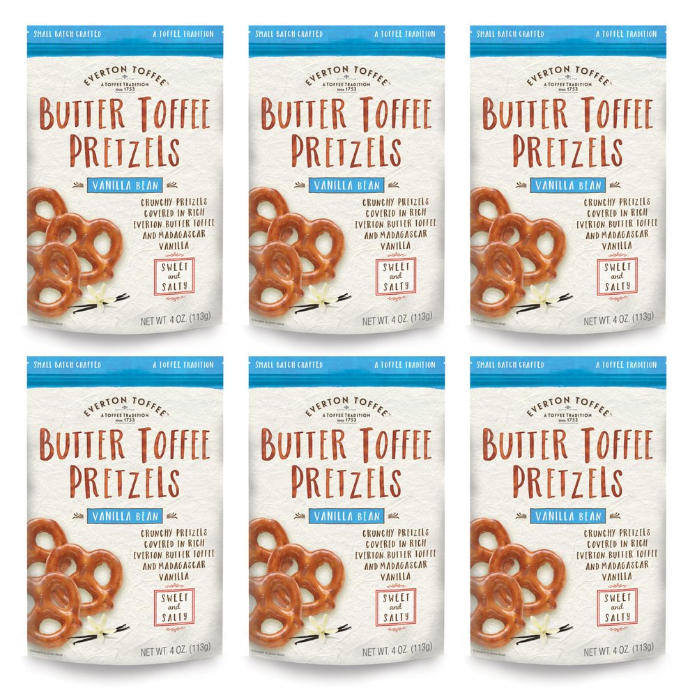 Everton Butter Toffee Pretzels, Vanilla Bean Flavor (4 oz bag, 6-pack) Gourmet Artisan Toffee Covered Pretzels, Sweet & Salty Mini Pretzel Snacks, Small Batch Crafted