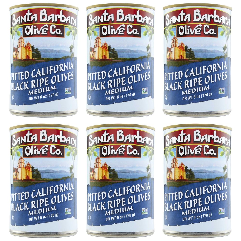 Santa Barbara Medium Black Olives 6oz tins, 6 pack