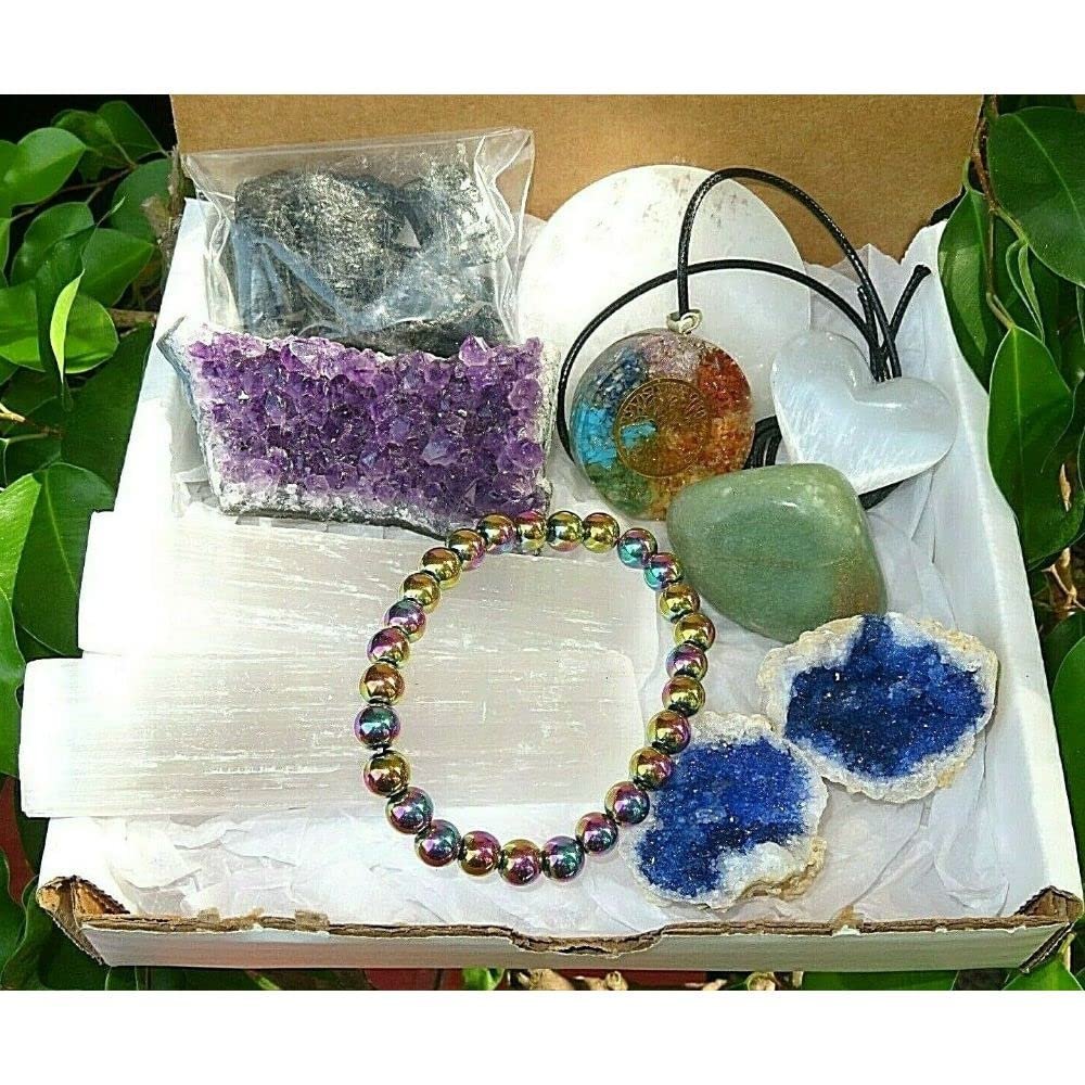 10 Pieces Healing Crystals kit Amethyst/Selenite/Geode/Orgone/Hematite Brace/Tourmaline