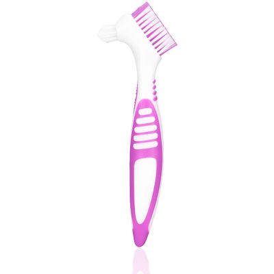 Dioche Denture Brush - Double Sided, Pink, Reusable, Manual, Plastic Handle, Nylon Cleans Partial, Half & Complete Dentures