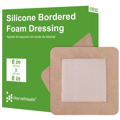 MarvellHealth Silicone Bordered Foam Dressing 6" x 6", Pack of 10 Individual Sterile Pads, Gentle Adhesive, Water Resistant, Highly Absorbent, Reduce Sacr, for Pressure Ulcer