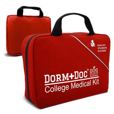 DormDoc College First Aid Kit  Compact Emergency Medical Kit for Dorm Rooms, School, Sports  with Bandages, OTC Medicines for Relief, Gauze, Quick Care Set  Portable Health Kit - 175 PCS, Red