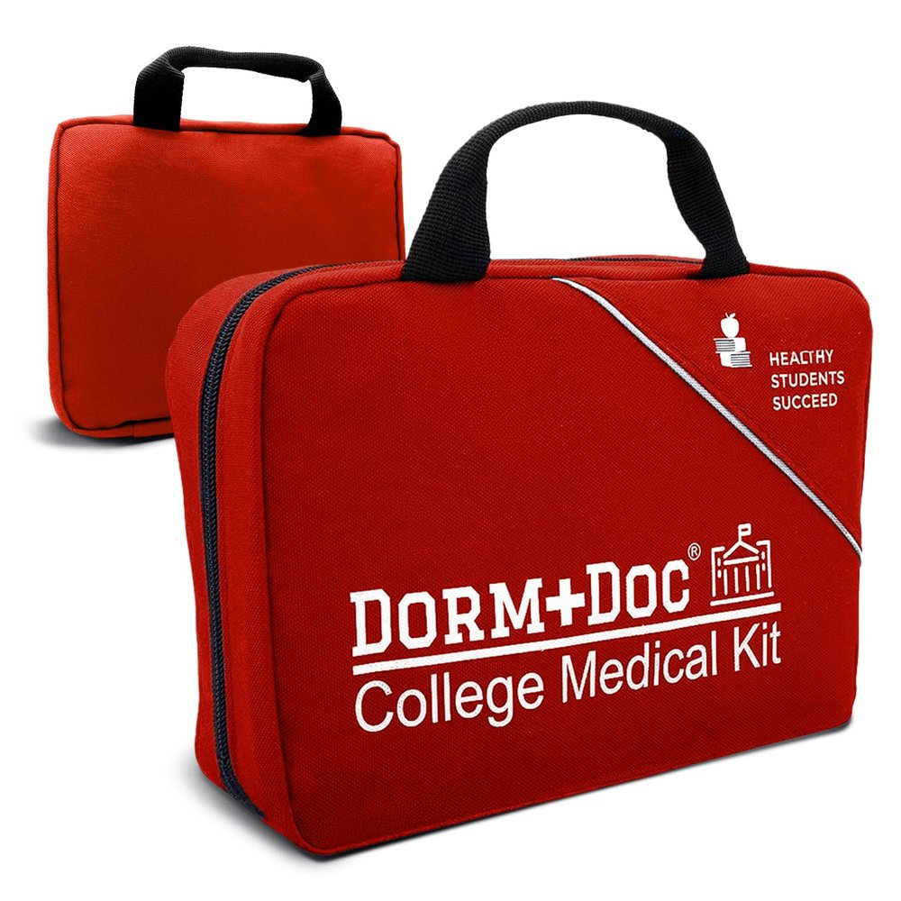 DormDoc College First Aid Kit  Compact Emergency Medical Kit for Dorm Rooms, School, Sports  with Bandages, OTC Medicines for Relief, Gauze, Quick Care Set  Portable Health Kit - 175 PCS, Red