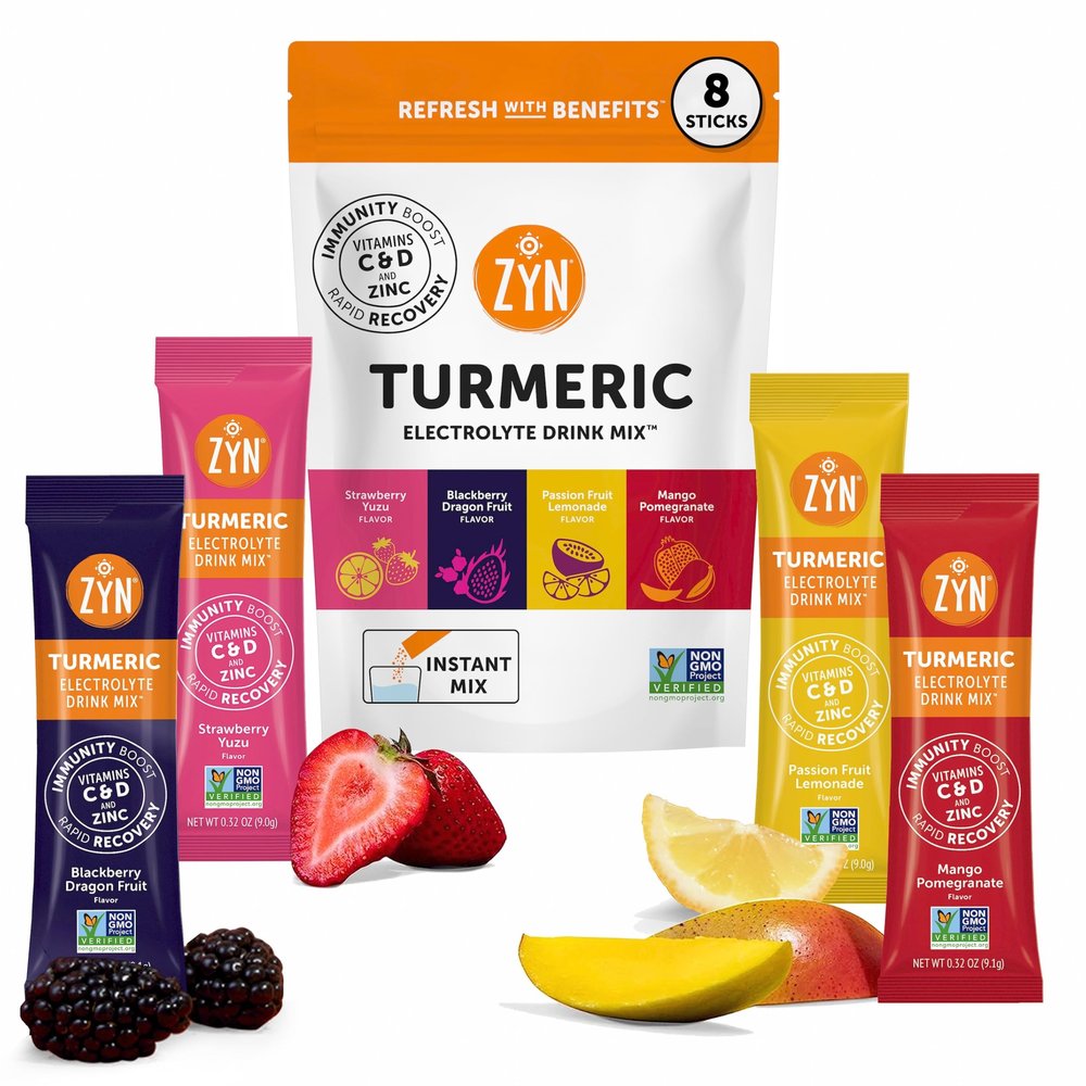 ZYN Electrolyte Drink Mix Hydration Packets, Electrolytes Powder, Hydration Packets w/Turmeric Curcumin, Vitamin C and D, Zinc, Hydrate Electrolyte Powder Packets for Wellness, Variety Pack of 8