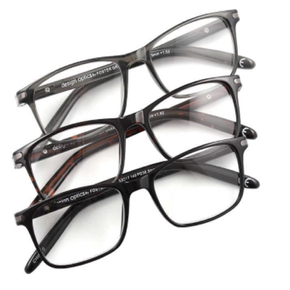 Design Optics by Foster Grant Cole Full Rim Rectangular Reading Glasses, 3-Pack (Shiny black/Classic tortoise/Shiny grey, 1.75)
