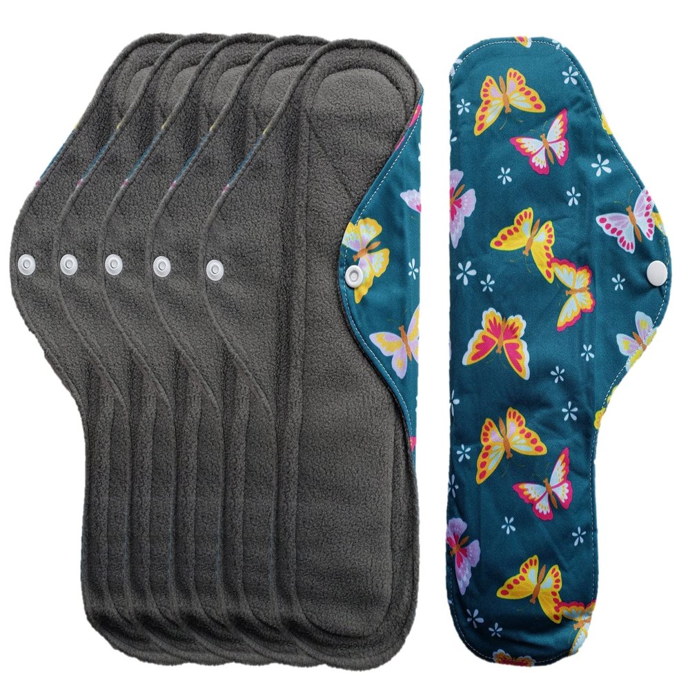 Aslana 6-Pack Reusable Cloth Menstrual Pads Sanitary Napkins Pantiliners for Light, Medium and Heavy Flow (L, 03 Poly Teal Butterfly)