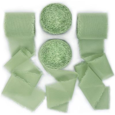 Socomi Sage Green Handmade Fringe Chiffon Silk Ribbon 1-3/4" x 7Yd 4 Rolls Frayed Ribbons for Wedding Invitations Bridal Bouquets Wrapping