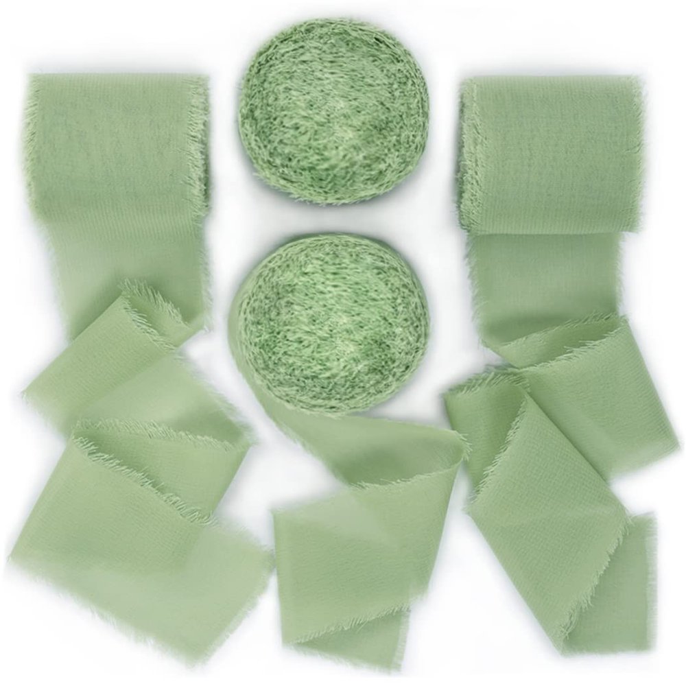 Socomi Sage Green Handmade Fringe Chiffon Silk Ribbon 1-3/4" x 7Yd 4 Rolls Frayed Ribbons for Wedding Invitations Bridal Bouquets Wrapping