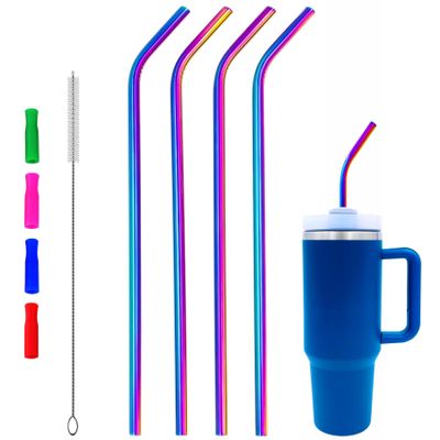Wobye 4 Pack 14" Extra Long Reusable Colorful Stainless Steel Metal Bent Straw for 32 oz 40 oz 64 oz 75 oz 128 oz Tumbler, Tall Wine Bottle, with 1 Cleaning Brush & 4 Silicone Tips