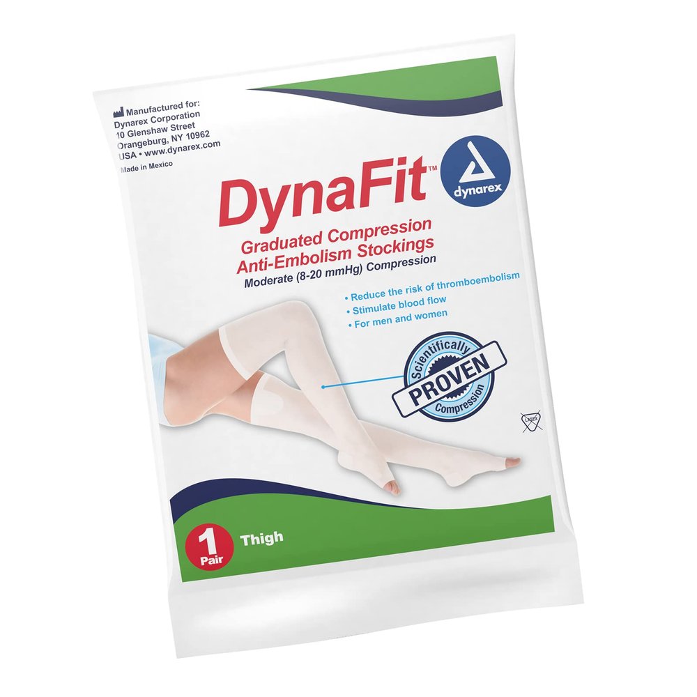 Dynarex DynaFit Compression Stockings Thigh High, 8-20 mmHg, Help Prevent Blood Clots, Relieve Pain & Varicose Veins, White, 1 Pair of Stockings (Medium)