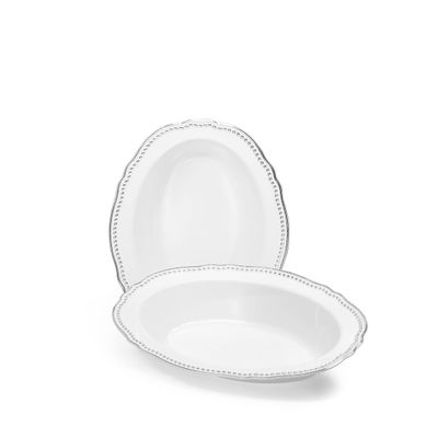 " OCCASIONS " 20 Plates Pack, Heavyweight Disposable Wedding Party Plastic Oval Bowls (7 oz Dessert Oval Bowls, White and Silver)