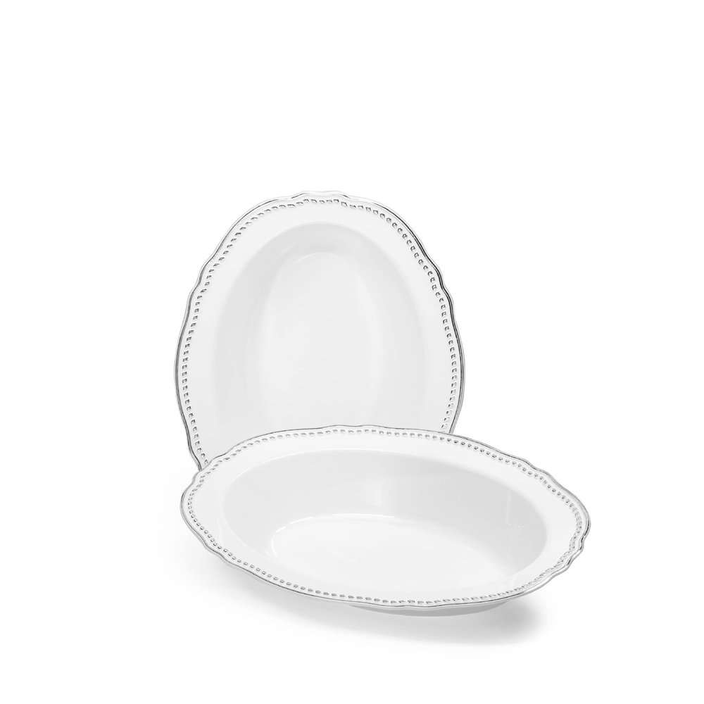 " OCCASIONS " 20 Plates Pack, Heavyweight Disposable Wedding Party Plastic Oval Bowls (7 oz Dessert Oval Bowls, White and Silver)