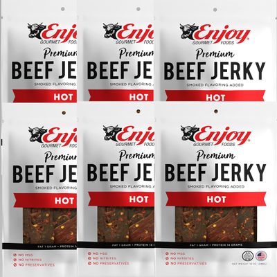 Enjoy Hot Beef Jerky 12 oz (Pack of 6) | Traditional Style | High Protein | Low Fat | Zero Trans Fat | No Preservatives | No MSG | No Nitrites | USA Made | Resealable Bags