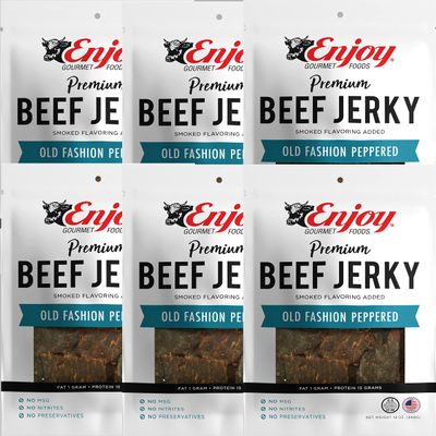 Enjoy Old Fashion Peppered Beef Jerky 12 oz (Pack of 6) | Traditional Style | High Protein | Low Fat | Zero Trans Fat | No Preservatives | No MSG | No Nitrites | USA Made | Resealable Bags