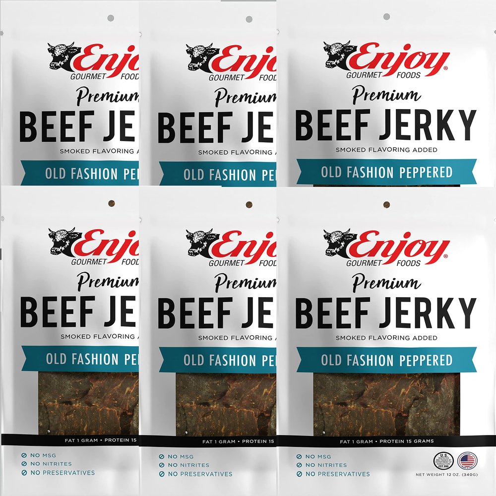 Enjoy Old Fashion Peppered Beef Jerky 12 oz (Pack of 6) | Traditional Style | High Protein | Low Fat | Zero Trans Fat | No Preservatives | No MSG | No Nitrites | USA Made | Resealable Bags