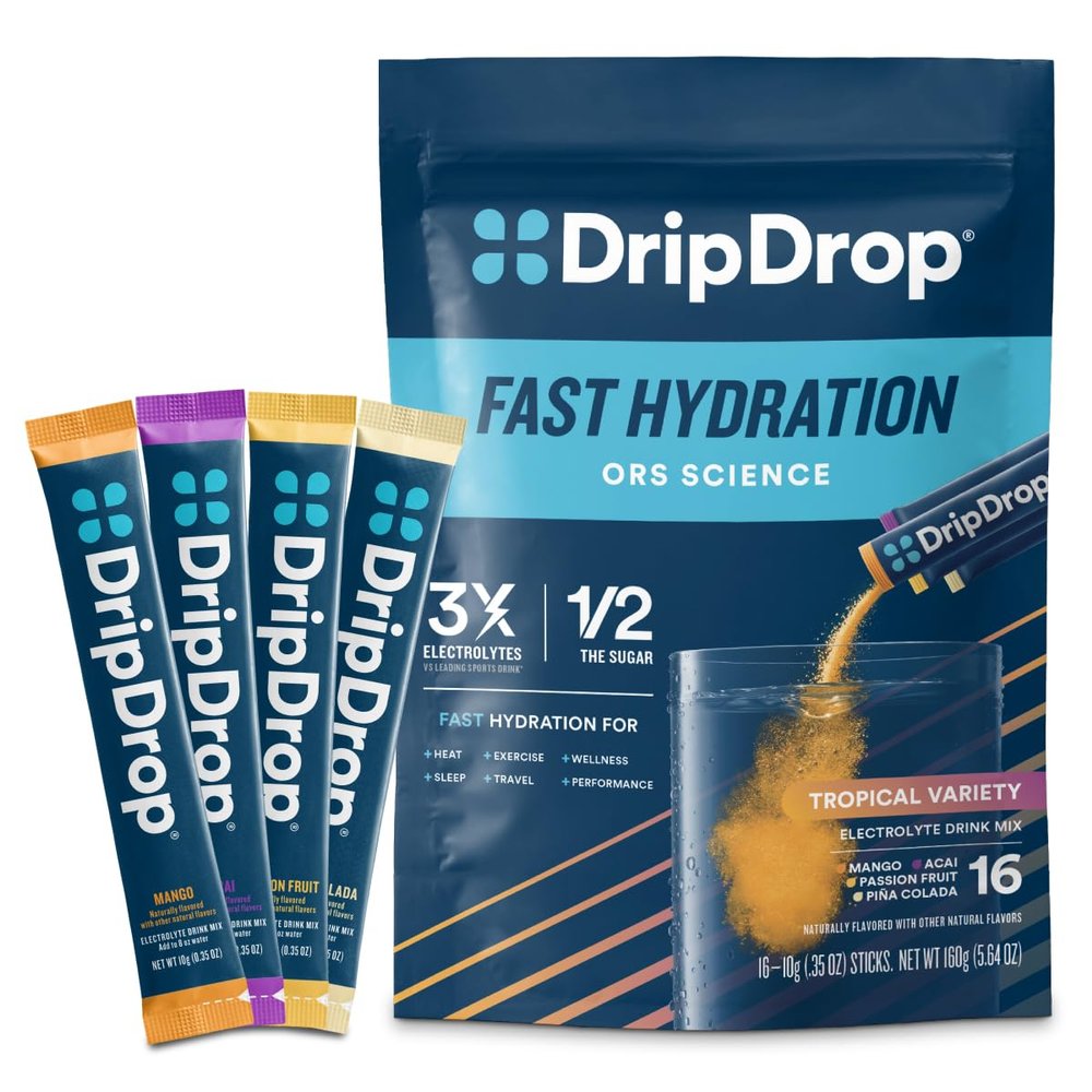 DripDrop Hydration Packets - Tropical Variety Pack - Single Serve Electrolytes Powder Drink Mix - Mango, Aa, Passion Fruit, Pia Colada - Non-GMO, Gluten Free, Vegan - 16 Sticks