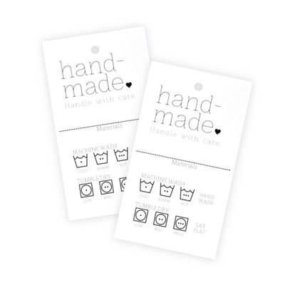 Handmade Care Instruction Tags | 30 Pack | 2 x 3.5 inches Tags | Handmade Care Cards | Material Care Instructions for Homemade Materials | White and Black Design