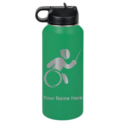 LaserGram Personalized Water Bottle, Wheelchair Fencing, Stainless Steel Double Wall Vacuum Insulated with Flip Top Straw, Custom Engraved Gift (32oz / 950ml Green)