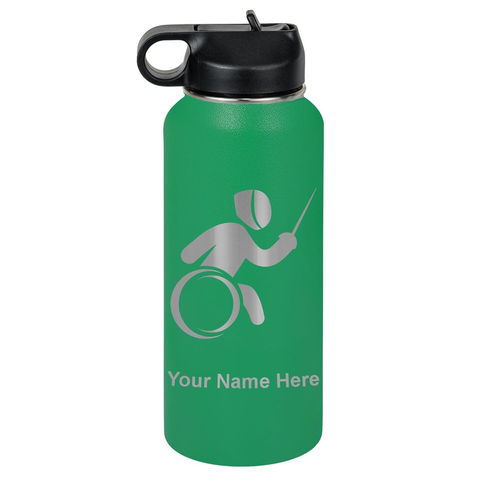 LaserGram Personalized Water Bottle, Wheelchair Fencing, Stainless Steel Double Wall Vacuum Insulated with Flip Top Straw, Custom Engraved Gift (32oz / 950ml Green)
