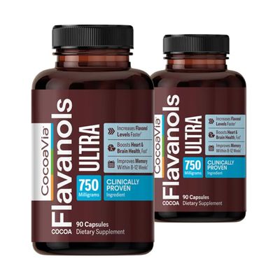 CocoaVia Ultra 750mg Cocoa Flavanols Heart & Brain Support, Memory & Blood Circulation Booster, High Flavanol Cocoa for Nitric Oxide, Energy & Oxygen Boost, Vegan, Gluten-Free, 60-Day Supply