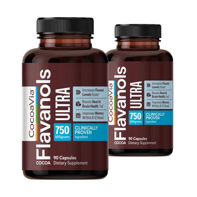 CocoaVia Ultra 750mg Cocoa Flavanols  Heart & Brain Support, Memory & Blood Circulation Booster, High Flavanol Cocoa for Nitric Oxide, Energy & Oxygen Boost, Vegan, Gluten-Free, 60-Day Supply