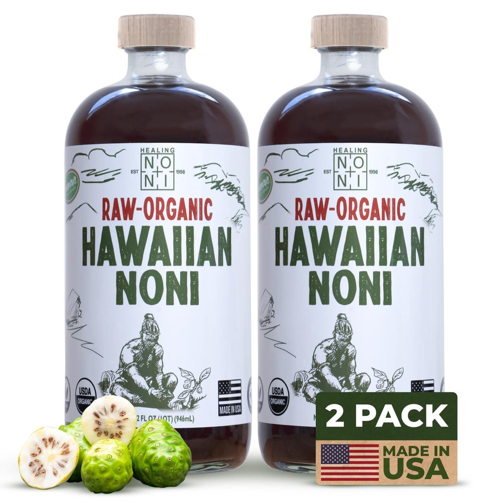 Healing Noni - 100% Pure RAW Noni Juice - USDA Organic, Premium Strength, Cold Pressed, Hawaiian-Grown Superfood - (32oz, 2 Pack)