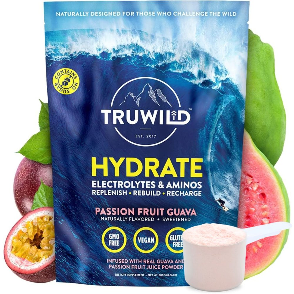 TruWild Natural Hydration Powder with Zero Sugar, Vegan Electrolytes + Amino Acids, Recovery Drink for Everyday Use, Post Workout Muscle Support Supplement with Magnesium (Passionfruit Guava)