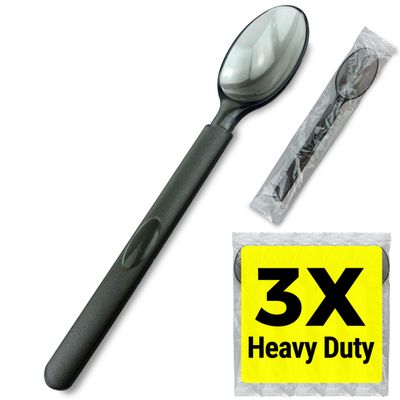 3X Heavy Duty Plastic Spoons Individually Wrapped, Sturdy Like Silverware, 100 Pack Black Disposable Spoons Bulk, Packaged To-Go Utensil Set, Perfect for Event Catering, Restaurant and Take Out.