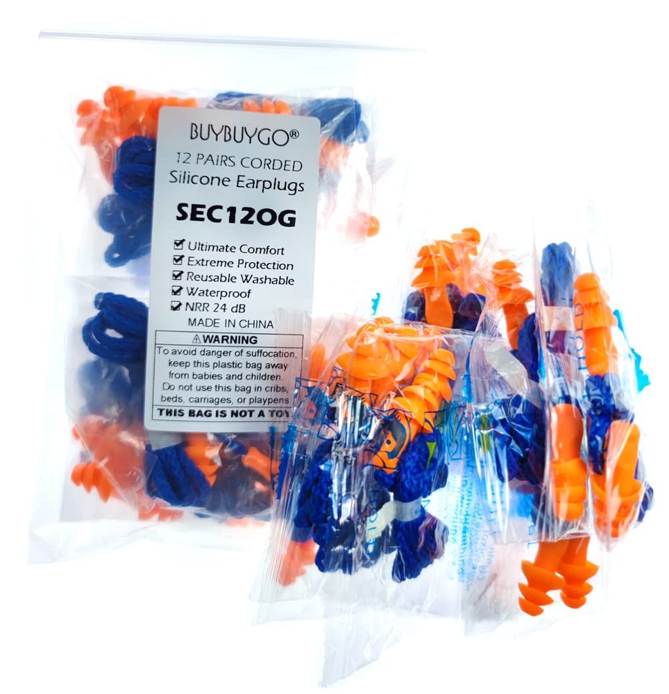 12 Pairs Corded Silicone Ear Plugs - Individually Wrapped - Reusable Noise Cancelling Earplugs for Hearing Protection - Shooting Range Noise Reduction, Construction Work, Hunting Ear Protection