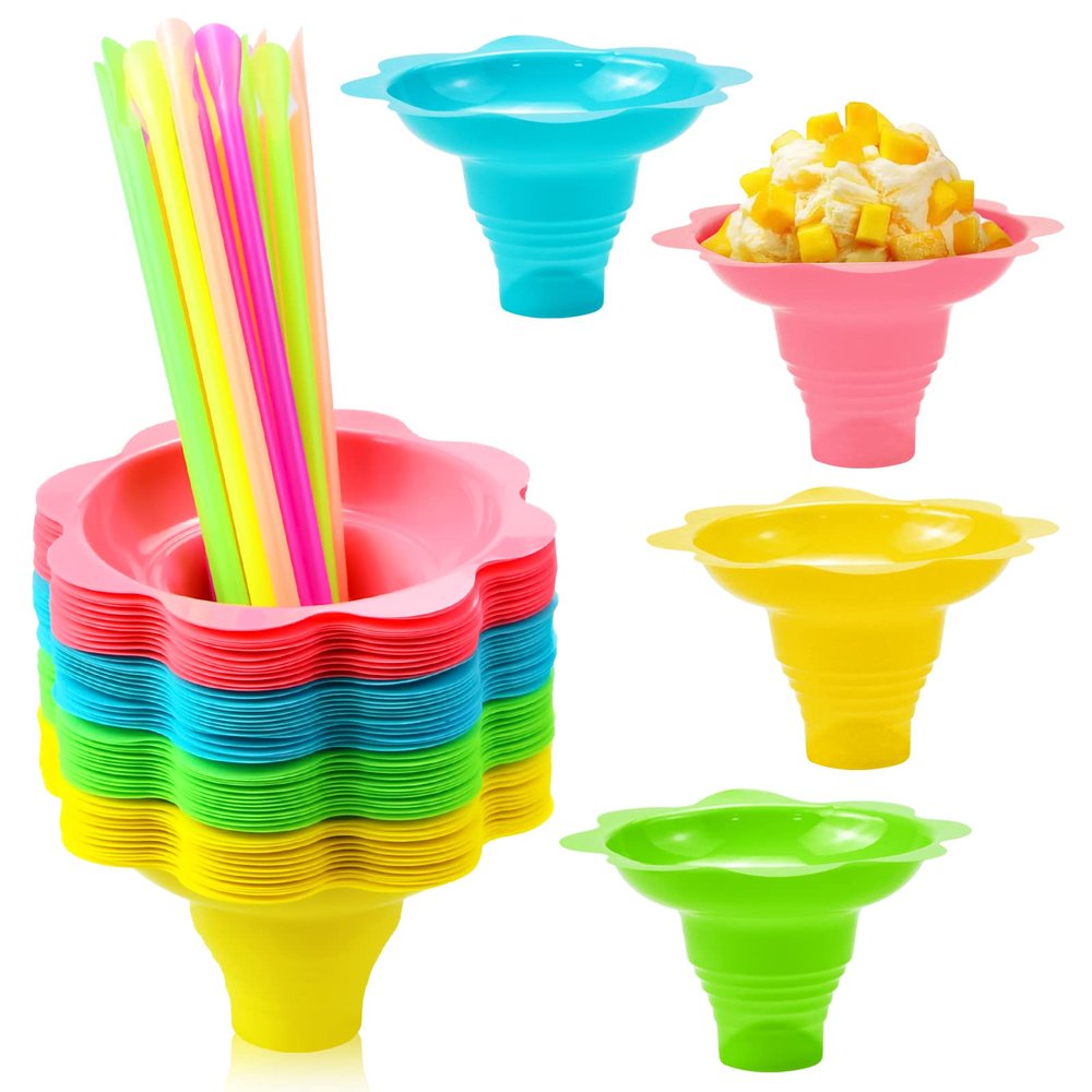 Oomcu 50 PCS Colorful Flower Snow Cone Cups with 50 PCS Cone Spoon Straws,Small Plastic Shaved Ice Drip Cup Snack Ice Cream Supplies for Holiday Party Birthday (4OZ)