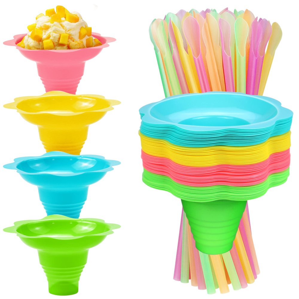 Oomcu 50 PCS Colorful Flower Snow Cone Cups with Cone Spoon Straws,Small Plastic Shaved Ice Drip Cones Snack Ice Cream Supplies for Holiday Kids Party Birthday Summer (8 OZ)