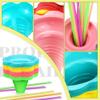 Oomcu 50 PCS Colorful Flower Snow Cone Cups with Cone Spoon Straws,Small Plastic Shaved Ice Drip Cones Snack Ice Cream Supplies for Holiday Kids Party Birthday Summer (8 OZ) view 3