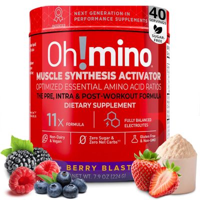 Oh!mino Essential Amino Acids Supplement Drink Powder, Berry Blast, Caffeinated Powder, All 9 EAAs, BCAAs and The Perfect Amino for Workouts, Amino Energy, and to Build Muscle, and Recover Faster