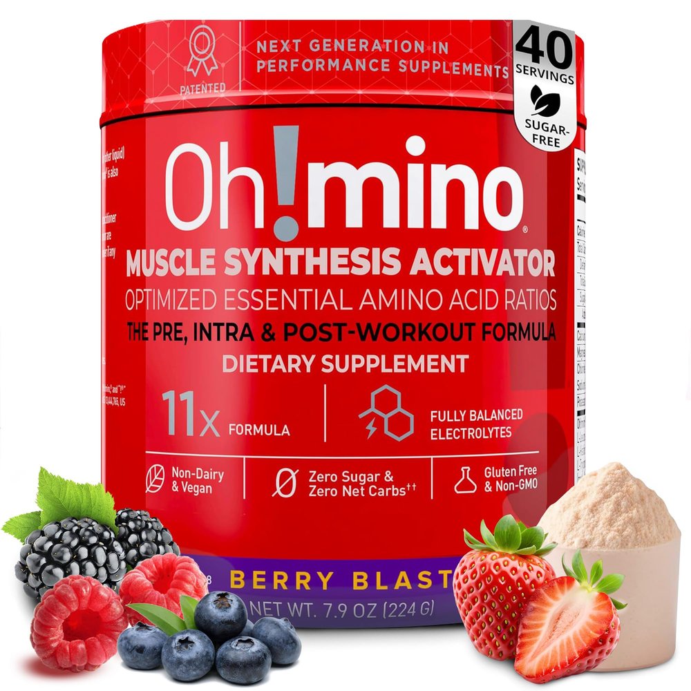 Oh!mino Essential Amino Acids Supplement Drink Powder, Berry Blast, Caffeinated Powder, All 9 EAAs, BCAAs and The Perfect Amino for Workouts, Amino Energy, and to Build Muscle, and Recover Faster