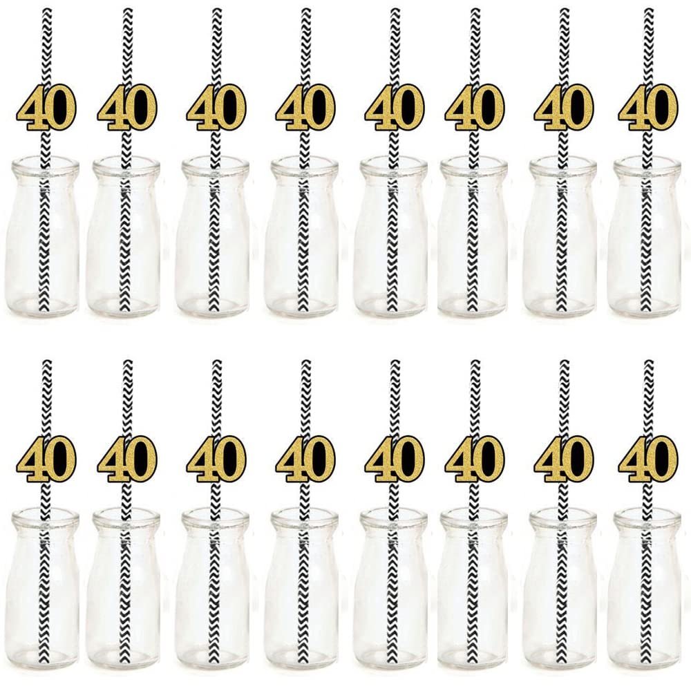 Happy 40th Birthday Straw Decor Gold Glitter Drinking Straw Cheers to 40 Years Forty Birthday Party Decoration (24 PCS)