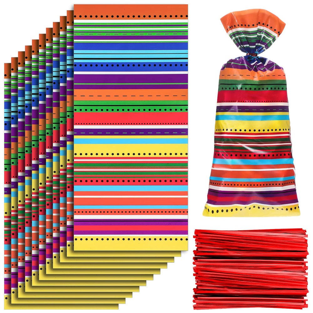 Spakon 100 Pcs Mexican Fiesta Cellophane Treat Bags Mexico Plastic Candy Bags Cinco De Mayo Hispanic Goody Sacks Fiesta Party Favor Goodie Gift Sack Birthday Party Decor, with 150 Red Twist Ties