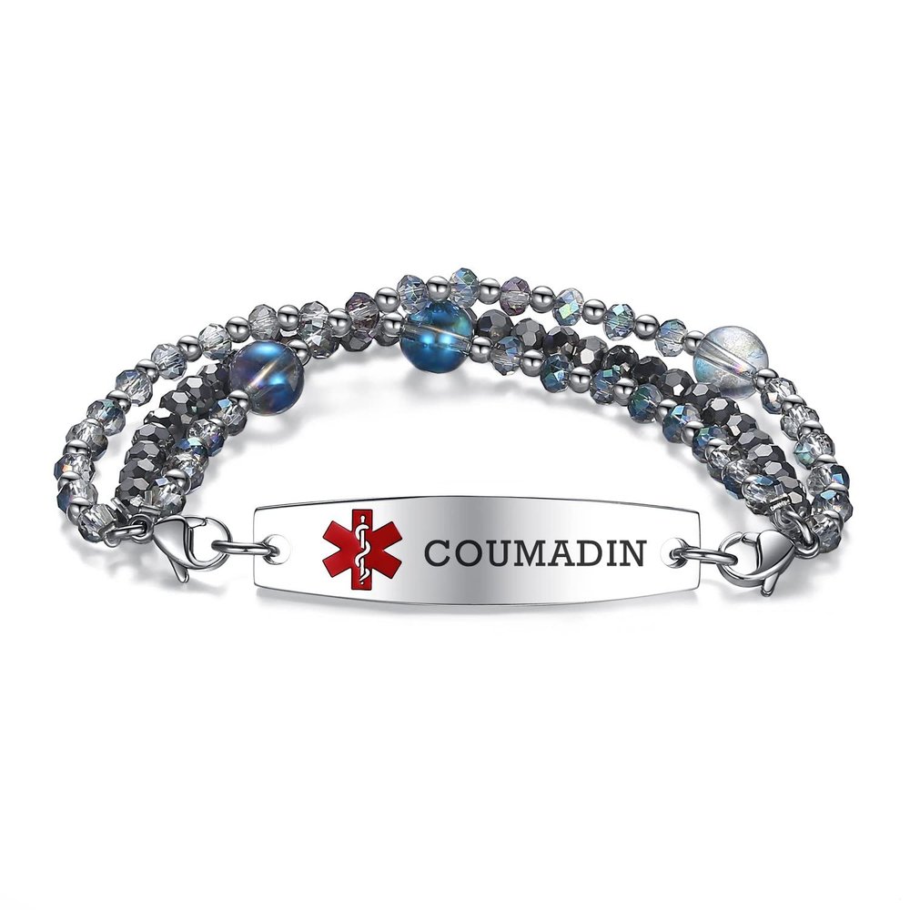 mnmoom 7.5 inch interchangeable Medical id bracelets for Women beads Medical alert bracelets with customize engraving coumadin (3 x Dark blue)