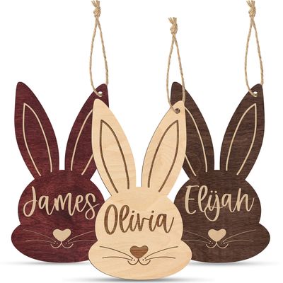 Personalized Easter Basket Tags w Name - Easter Bunny Face, Plywood - Custom Easter Name Tags, Wooden Easter Bunny Gifts, Cute Easter Name Tag, Easter Bunny Ornaments