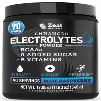 Zeal Electrolyte Powder - 90 Servings | Keto Electrolytes Powder | Zero Sugar, BCAAs, B-Vitamins | Potassium, Zinc, Magnesium | Hydration Powder Recovery Drink | Blue Raspberry