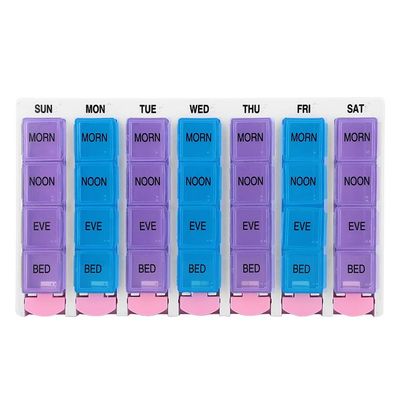 7 Days, Organiser, 7 Days 4 Times a Day 28 Compartments Organizer with Push Button (Blue)