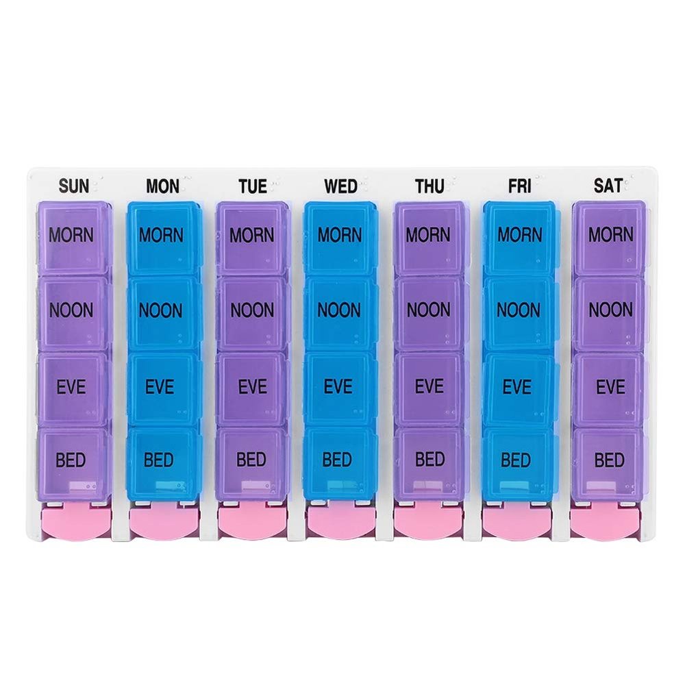 7 Days, Organiser, 7 Days 4 Times a Day 28 Compartments Organizer with Push Button (Blue)