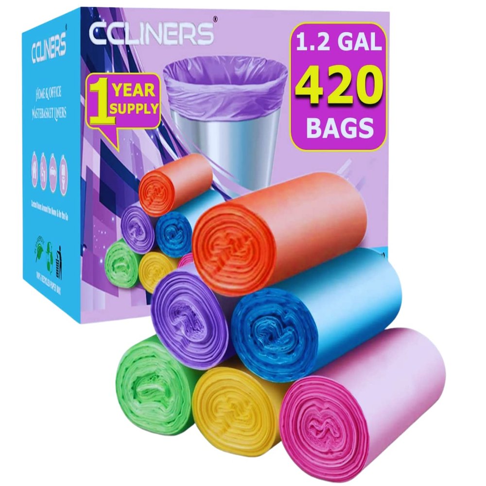 1.2 Gallon Small Trash Bags (420 Count) CCLINERS 1 Gallon Mini Garbage Bags 5l Bathroom Trash Can Liners (420 Bags, 6 Colors)