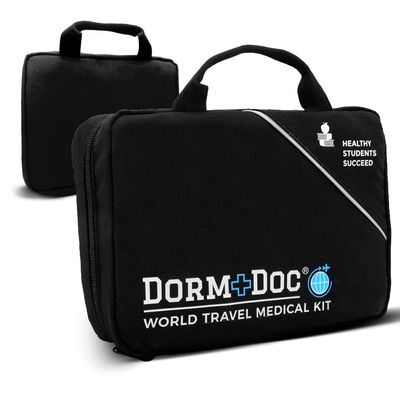 DormDoc World Travel 200 Piece Emergency First Aid Kit for College Students - Dorm Room Foreign Study Kit with OTC Medicines and Bandages for School, Sports, Vehicle and Travel (Black)